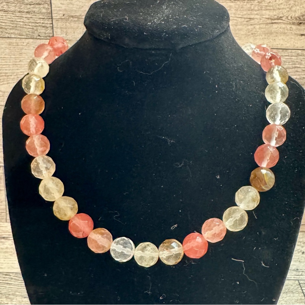 Pink, Brown, and Clear Faceted Beaded Necklace 24” long